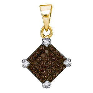 10kt Yellow Gold Womens Round Brown Diamond Diagonal Square Pendant 1/6 Cttw